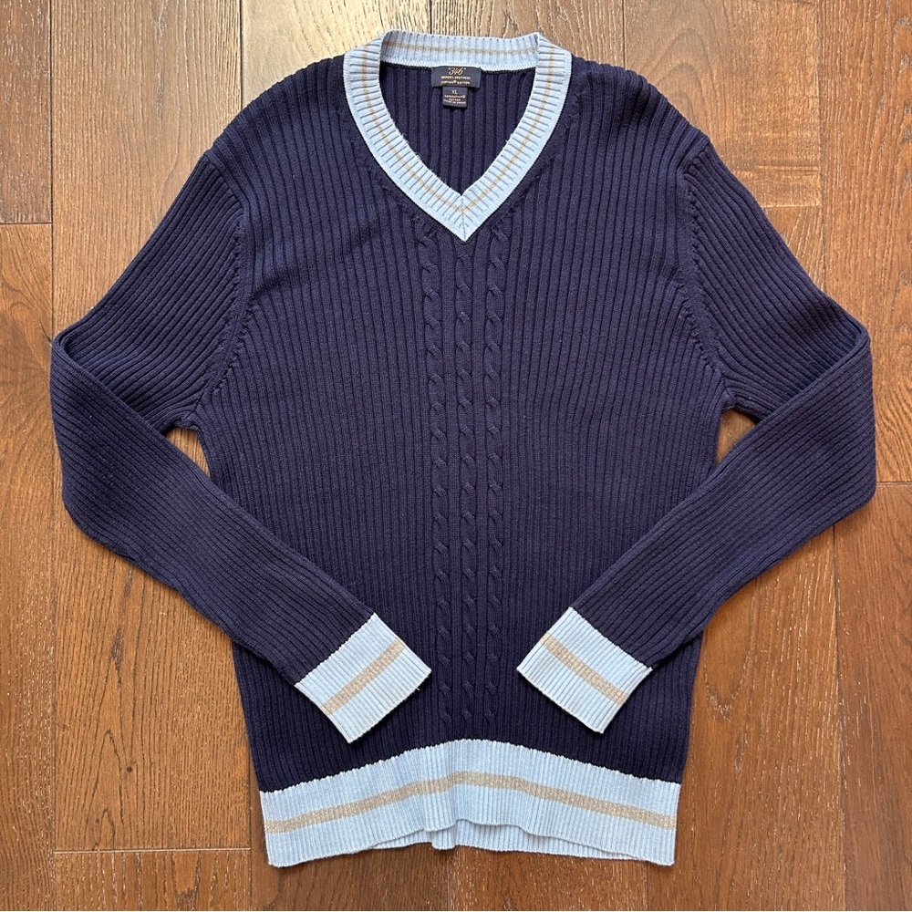 Brooks Brothers V Neck Sweater Men XL Blue Knit Supima Cotton Long Sleeve Preppy